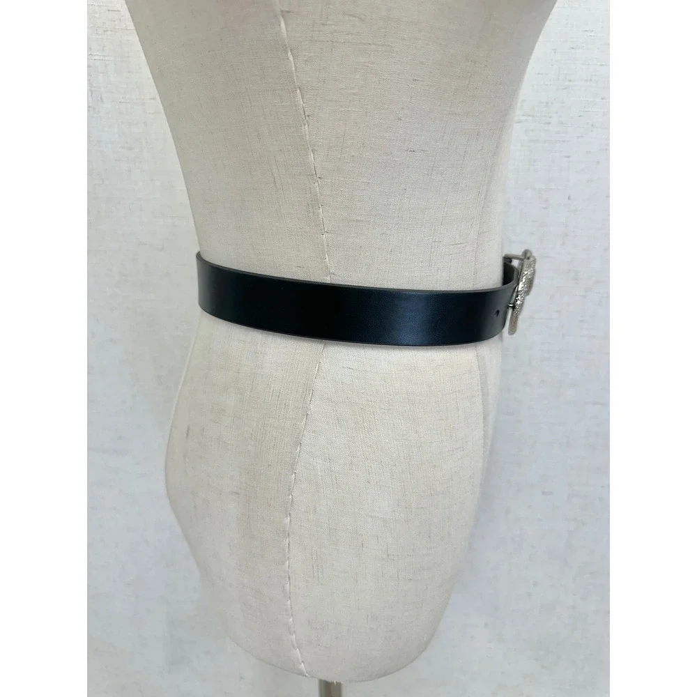 Double Snake Silver Textured Infinity Buckle Black Faux Leather Belt Size M